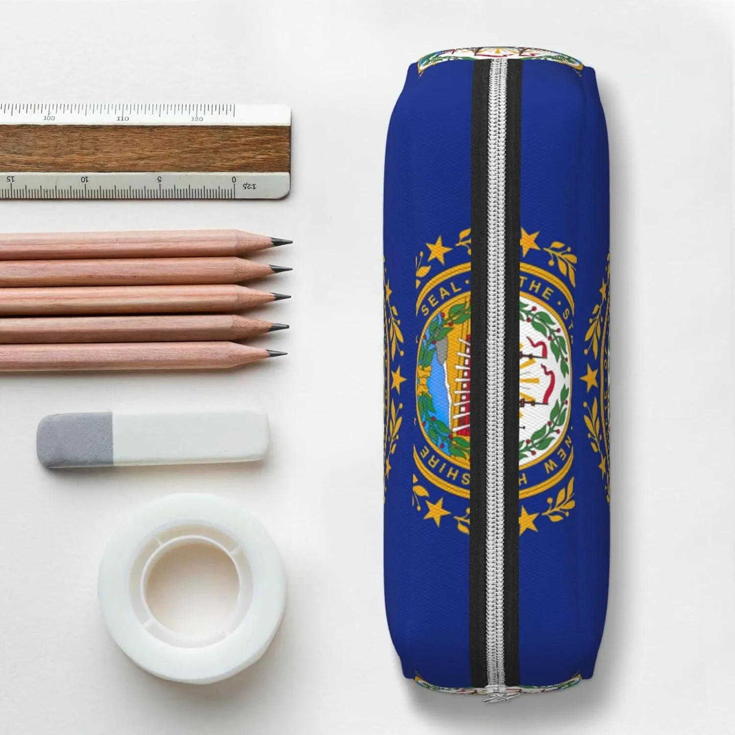 New Hampshire State Flag Print Large Capacity Pencil Case,Pencil Pouch With Zipper, Durable Leather Pen Bag For Office, Travel