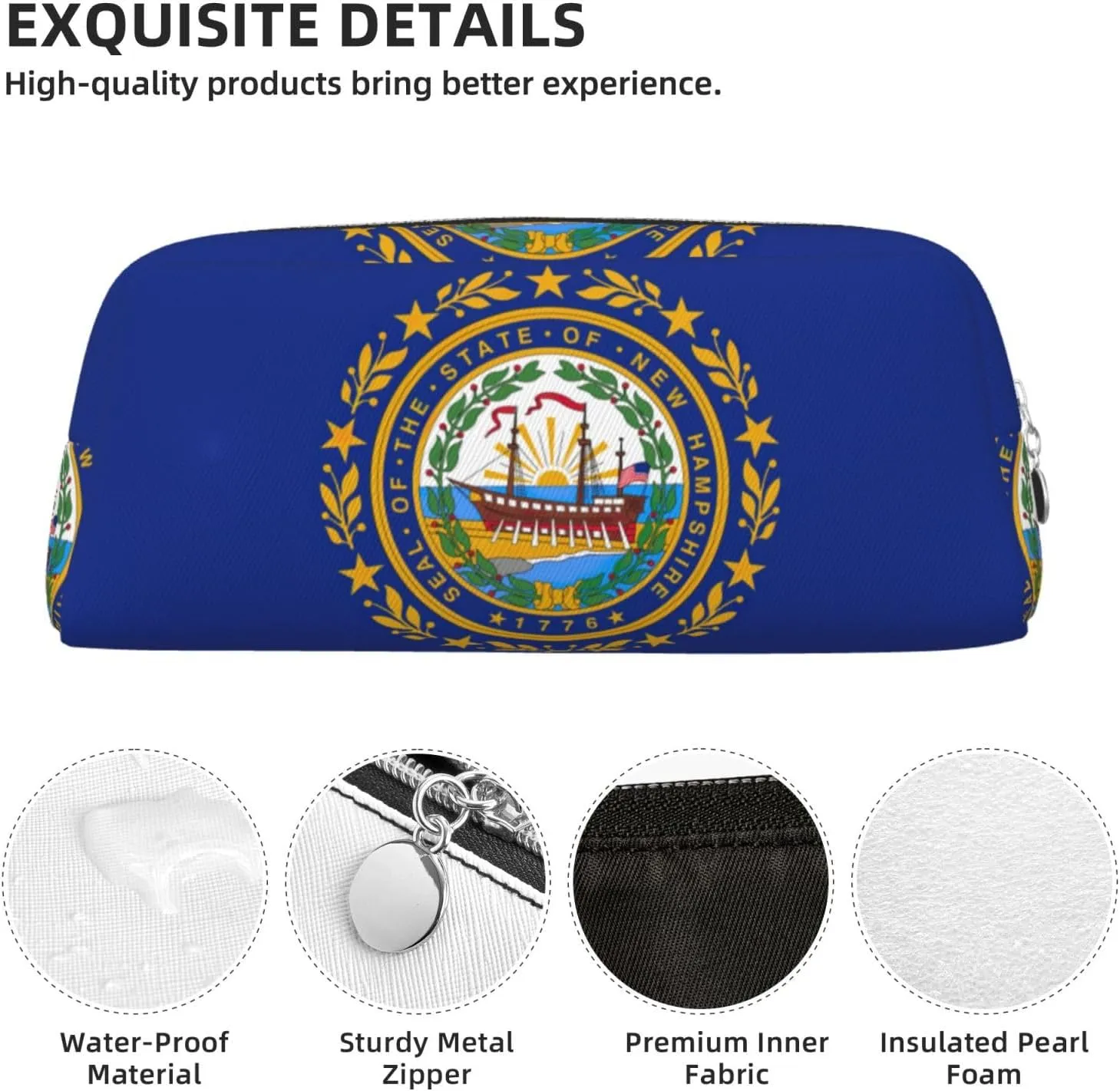 New Hampshire State Flag Print Large Capacity Pencil Case,Pencil Pouch With Zipper, Durable Leather Pen Bag For Office, Travel