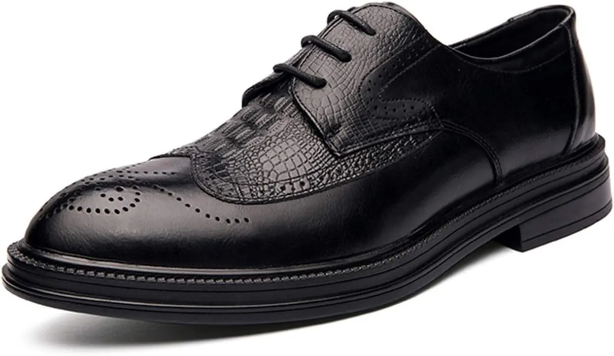 New Oxford Dress Shoes for Men Lace Up Round Burnished Toe Crocodile Embossed Brogues Wingtips PU Leather Non Slip Block Heel Low Top Anti-Slip Party