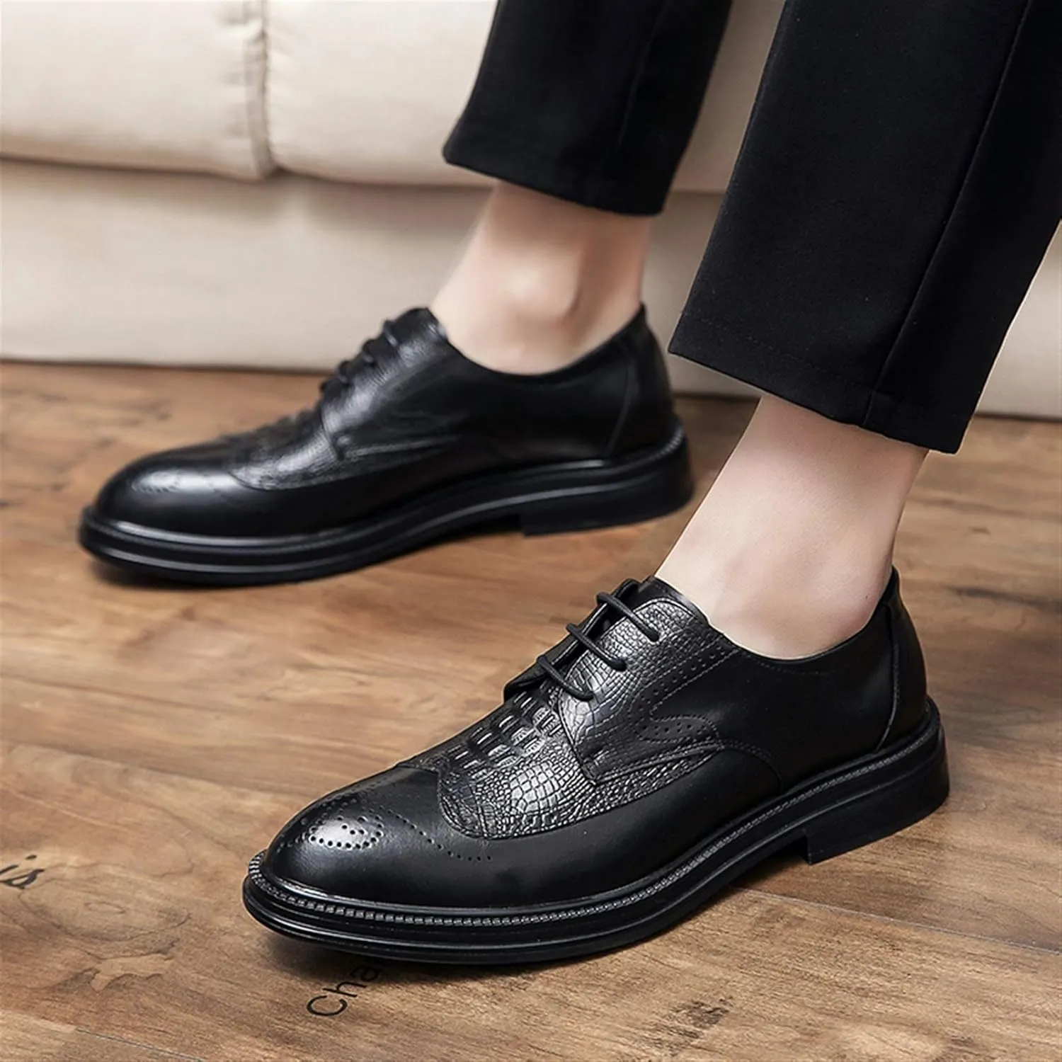 New Oxford Dress Shoes for Men Lace Up Round Burnished Toe Crocodile Embossed Brogues Wingtips PU Leather Non Slip Block Heel Low Top Anti-Slip Party