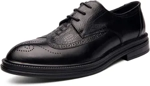 New Oxford Dress Shoes for Men Lace Up Round Burnished Toe Crocodile Embossed Brogues Wingtips PU Leather Non Slip Block Heel Low Top Anti-Slip Party