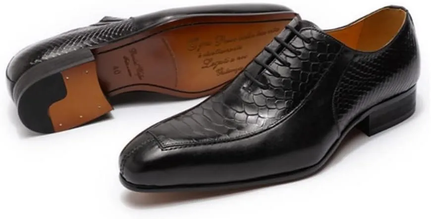 New Oxford Shoes for Men Lace Up Split Toe Pointed Toe Crocodile Embossed Cowhide Anti-Slip Slip Resistant Block Heel Classic