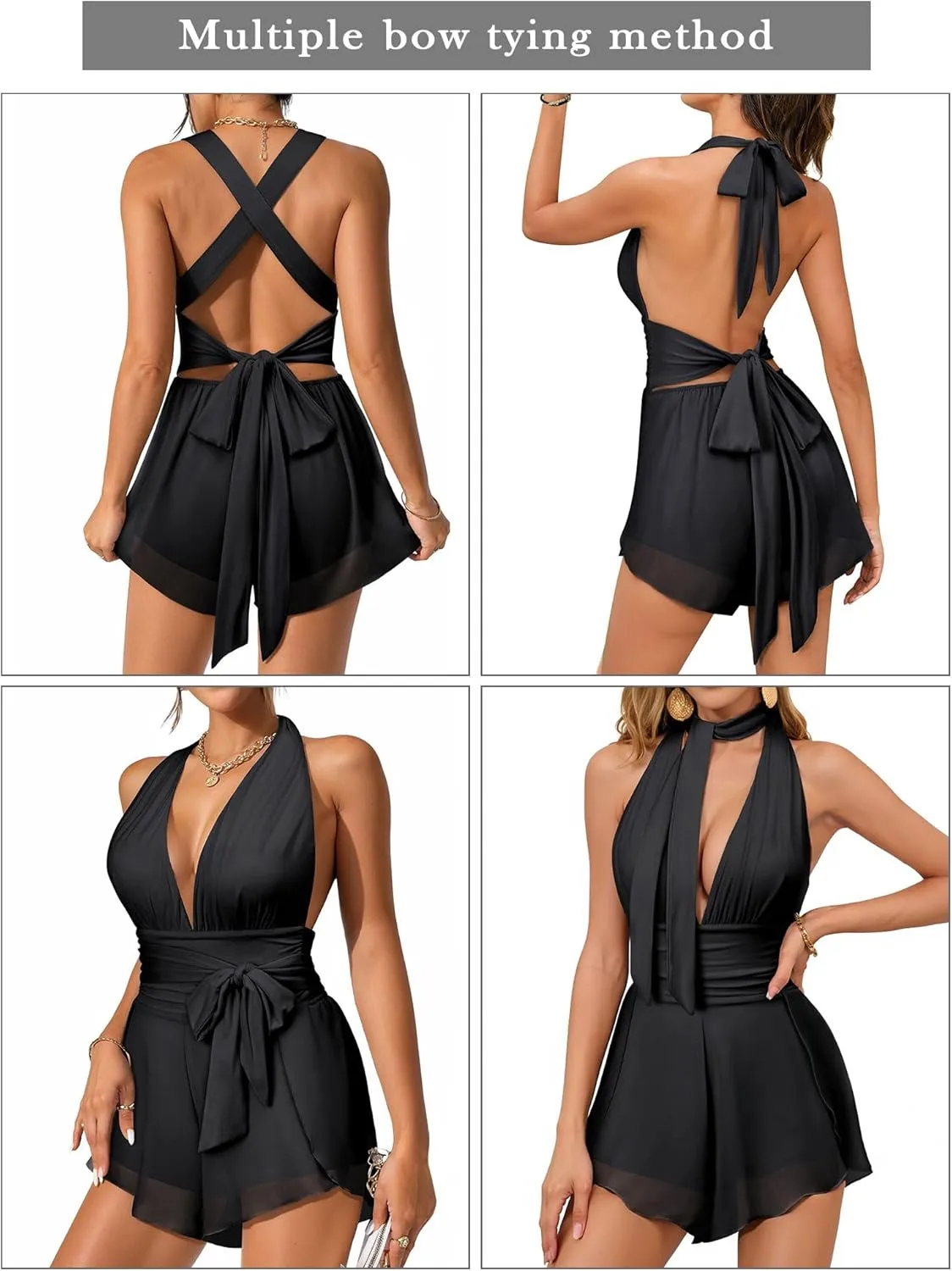 Nlife Womens Deep V Neck Halter Jumpsuit Tie Backless 2 in 1 Flowy Chiffon Shorts Romper Sexy Plunge Concert Mini Outfit