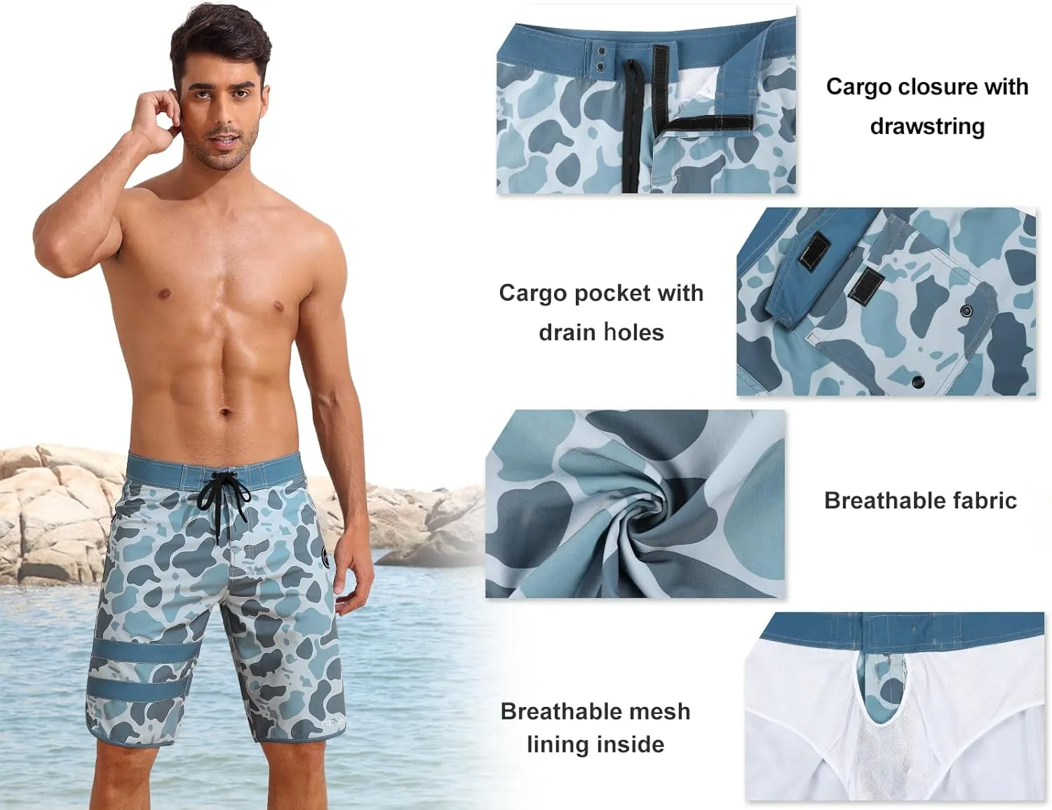Nonwe Men's Swim Trunks Quick Dry Water Sports Beach Board Shorts with Liner