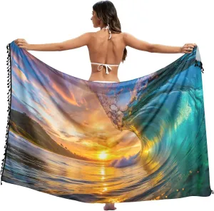 Ocean Wave Surfing Sunset Women Sarong Swimsuit Coverups Chiffon Bikini Wraps Skirt with Tassels L
