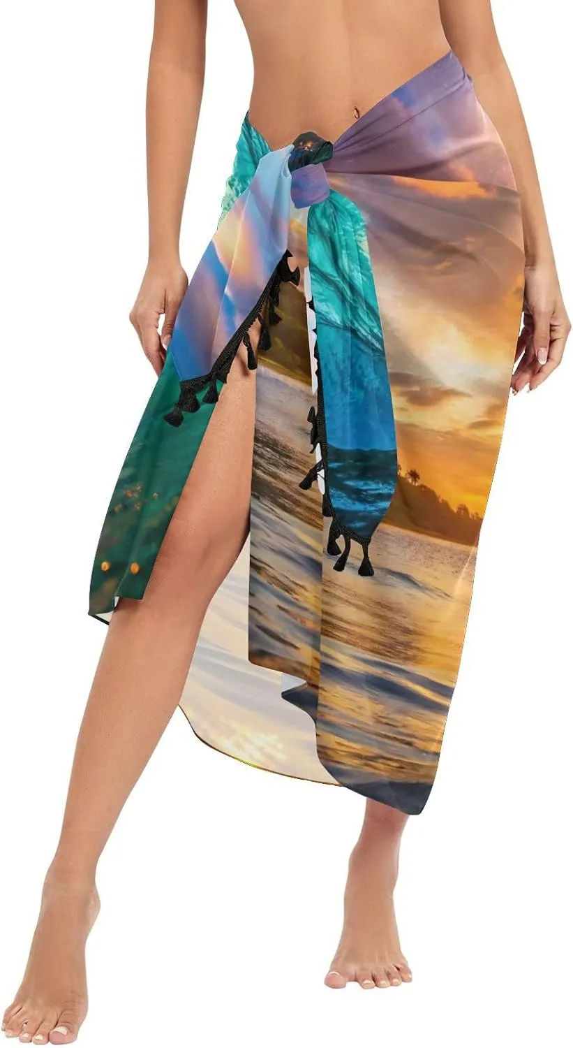Ocean Wave Surfing Sunset Women Sarong Swimsuit Coverups Chiffon Bikini Wraps Skirt with Tassels L