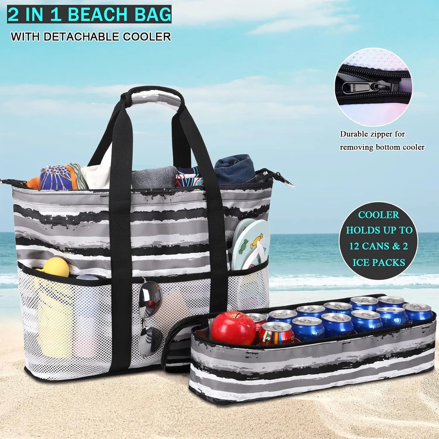 Octsky Beach Bags with Cooler Women Beach Tote Bag Waterproof Sandproof Zipper Large Pool Bag 9 Pockets