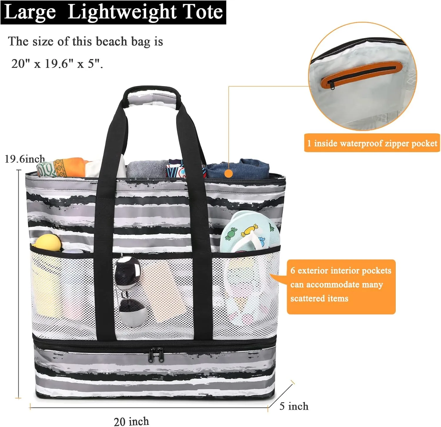 Octsky Beach Bags with Cooler Women Beach Tote Bag Waterproof Sandproof Zipper Large Pool Bag 9 Pockets