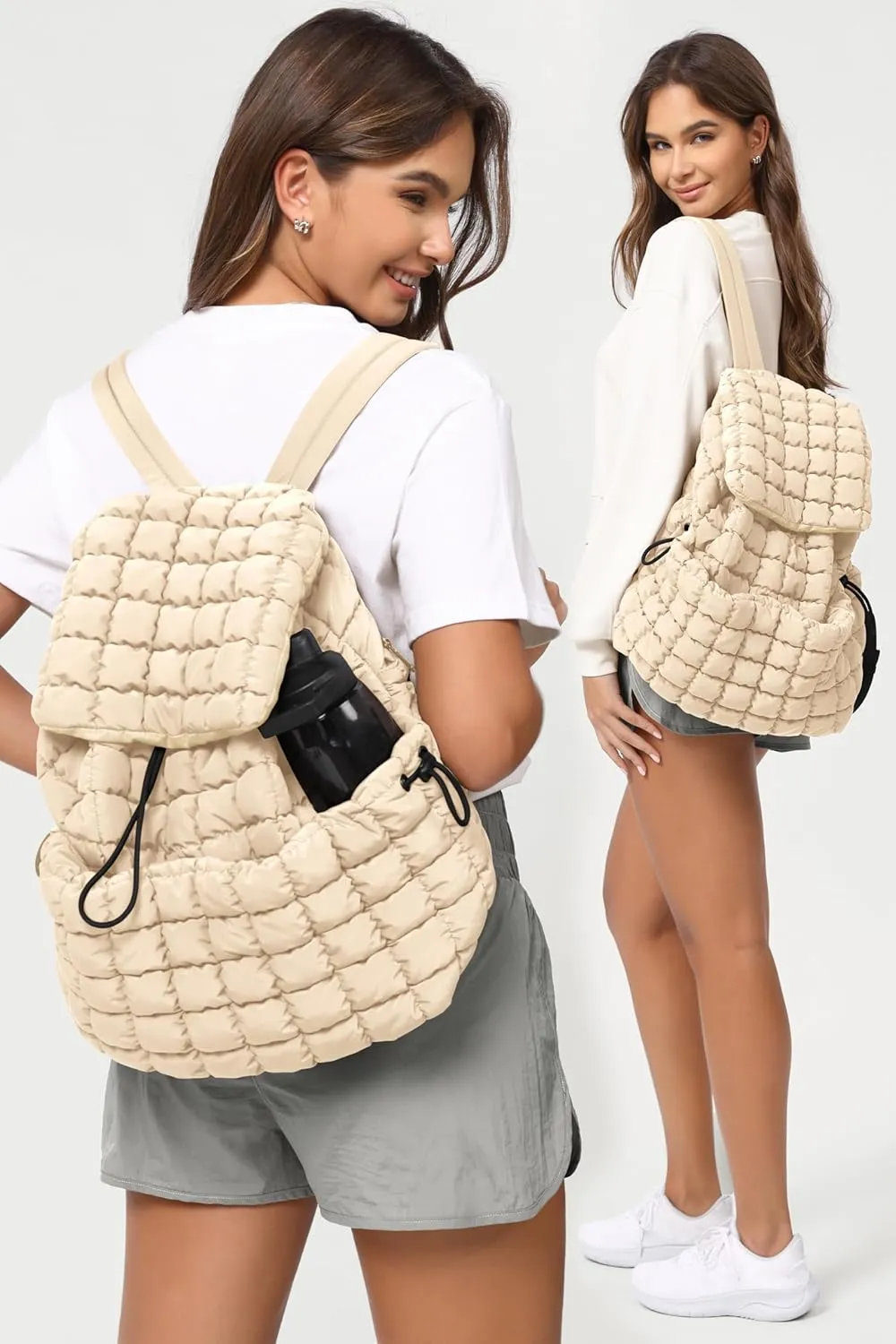 ODODOS Quilted Backpack for Women Lightweight Puffer Hiker Pack Drawstring Padding Travel Gym Bag, Ivory