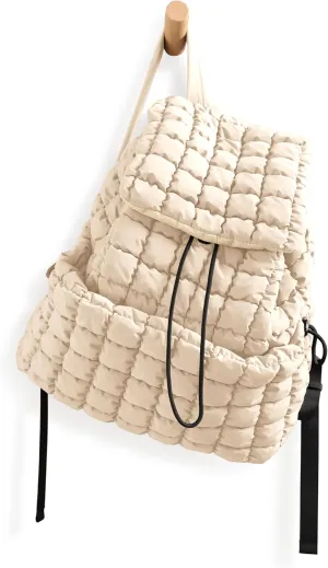 ODODOS Quilted Backpack for Women Lightweight Puffer Hiker Pack Drawstring Padding Travel Gym Bag, Ivory