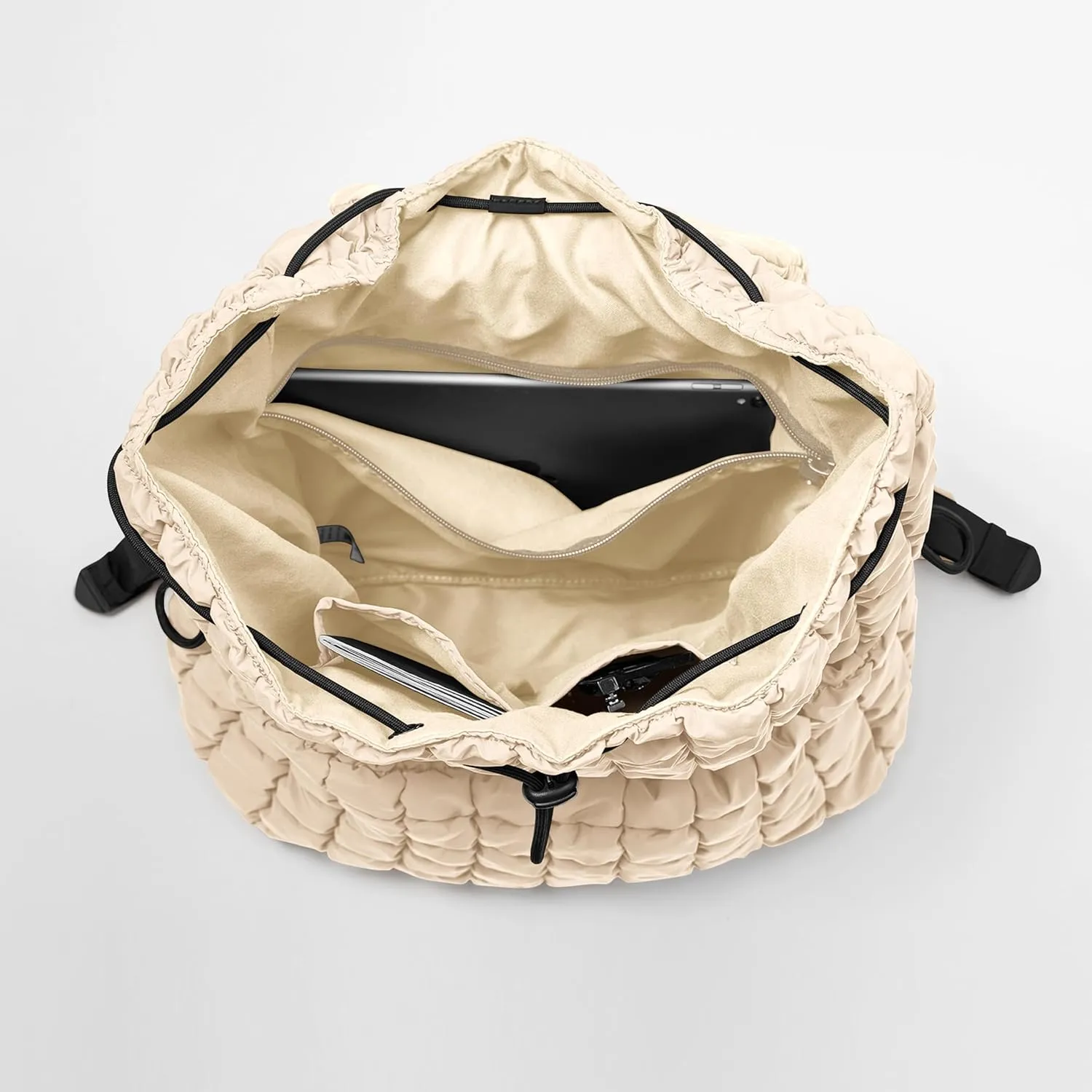 ODODOS Quilted Backpack for Women Lightweight Puffer Hiker Pack Drawstring Padding Travel Gym Bag, Ivory
