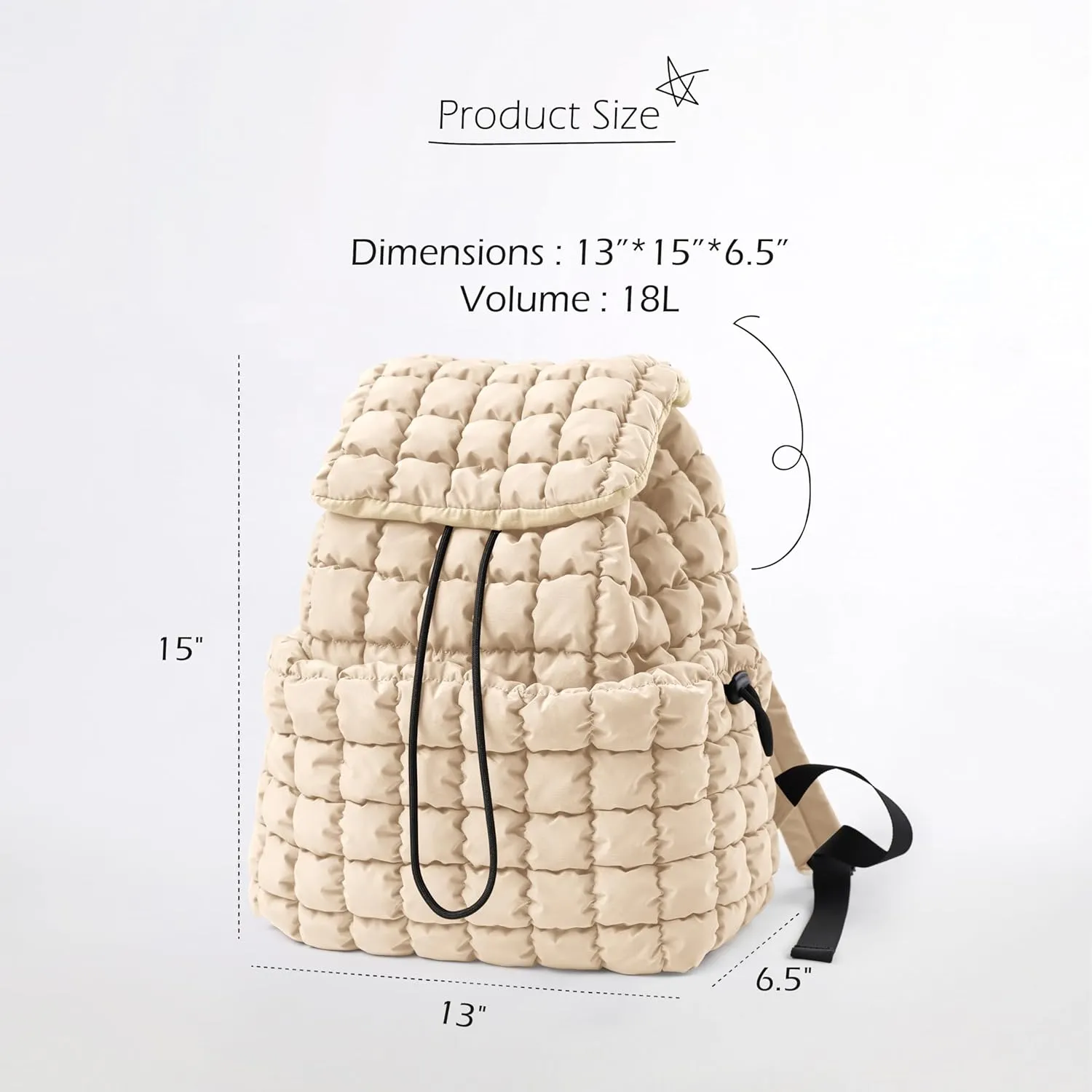 ODODOS Quilted Backpack for Women Lightweight Puffer Hiker Pack Drawstring Padding Travel Gym Bag, Ivory