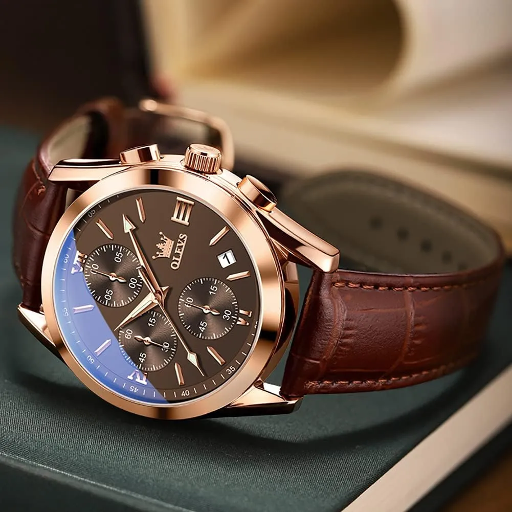 OLEVS Watch for Men Chronograph Brown Leather Gold Case Analog Quartz Fashion Business Dress Large Face Men Watch Day Date Luminous Waterproof Casual Male Wrist Watch Black/Blue/White Dial