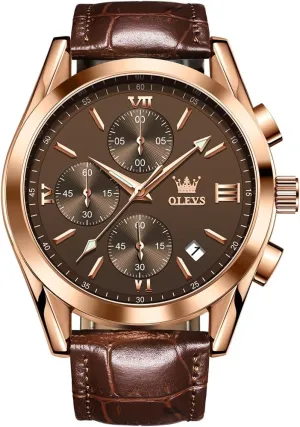 OLEVS Watch for Men Chronograph Brown Leather Gold Case Analog Quartz Fashion Business Dress Large Face Men Watch Day Date Luminous Waterproof Casual Male Wrist Watch Black/Blue/White Dial