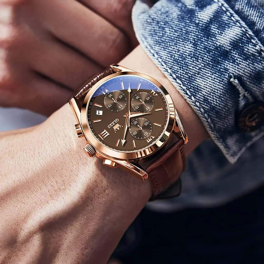 OLEVS Watch for Men Chronograph Brown Leather Gold Case Analog Quartz Fashion Business Dress Large Face Men Watch Day Date Luminous Waterproof Casual Male Wrist Watch Black/Blue/White Dial