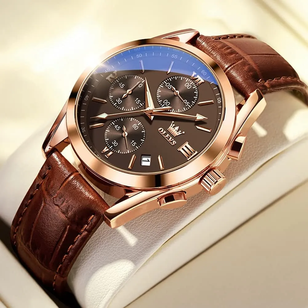 OLEVS Watch for Men Chronograph Brown Leather Gold Case Analog Quartz Fashion Business Dress Large Face Men Watch Day Date Luminous Waterproof Casual Male Wrist Watch Black/Blue/White Dial