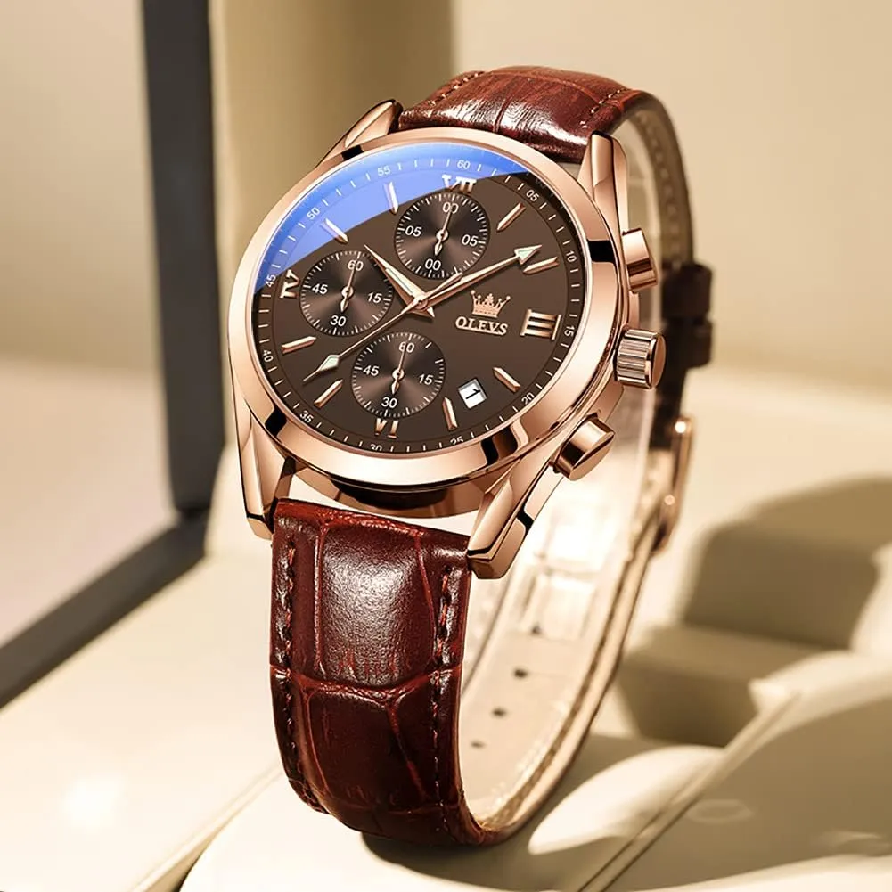 OLEVS Watch for Men Chronograph Brown Leather Gold Case Analog Quartz Fashion Business Dress Large Face Men Watch Day Date Luminous Waterproof Casual Male Wrist Watch Black/Blue/White Dial