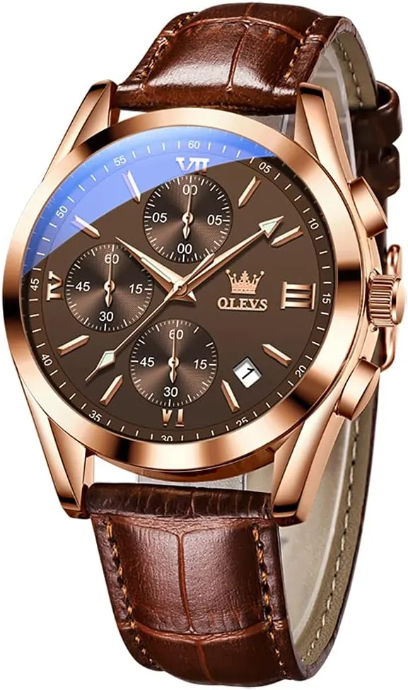 OLEVS Watch for Men Chronograph Brown Leather Gold Case Analog Quartz Fashion Business Dress Large Face Men Watch Day Date Luminous Waterproof Casual Male Wrist Watch Black/Blue/White Dial