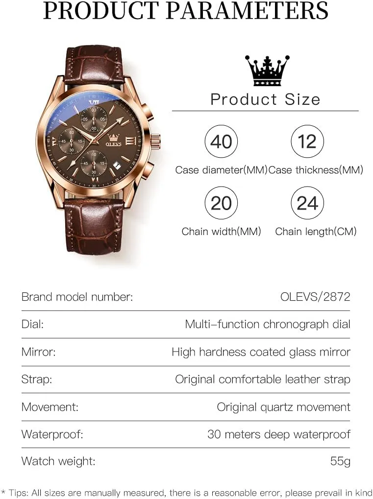 OLEVS Watch for Men Chronograph Brown Leather Gold Case Analog Quartz Fashion Business Dress Large Face Men Watch Day Date Luminous Waterproof Casual Male Wrist Watch Black/Blue/White Dial