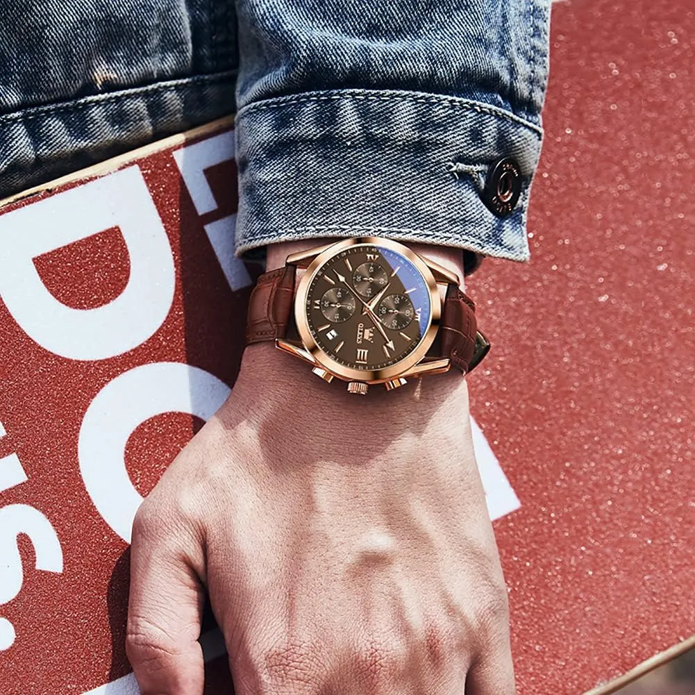 OLEVS Watch for Men Chronograph Brown Leather Gold Case Analog Quartz Fashion Business Dress Large Face Men Watch Day Date Luminous Waterproof Casual Male Wrist Watch Black/Blue/White Dial