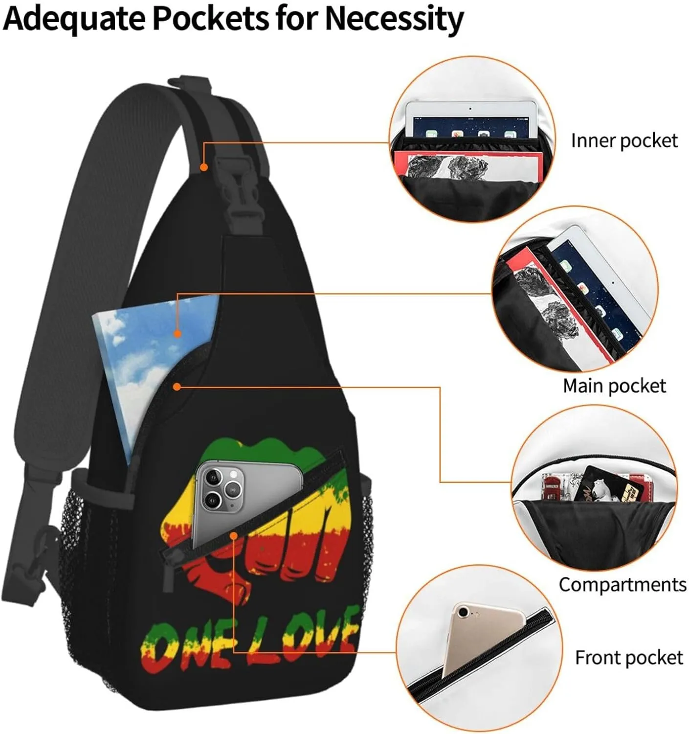 One Loves Jamaican Rasta Reggae Sling Bag Adjustable Crossbody Bag Casual Chest Bags Travel Shoulder Backpack