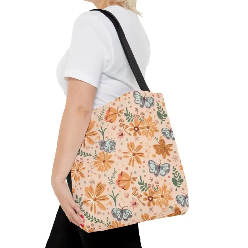 Orange Butterfly Floral Tote Bag with Black Handles
