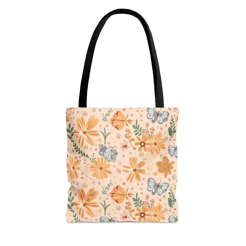 Orange Butterfly Floral Tote Bag with Black Handles