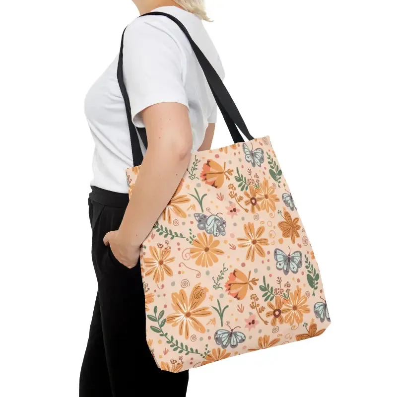 Orange Butterfly Floral Tote Bag with Black Handles