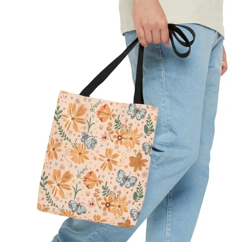 Orange Butterfly Floral Tote Bag with Black Handles