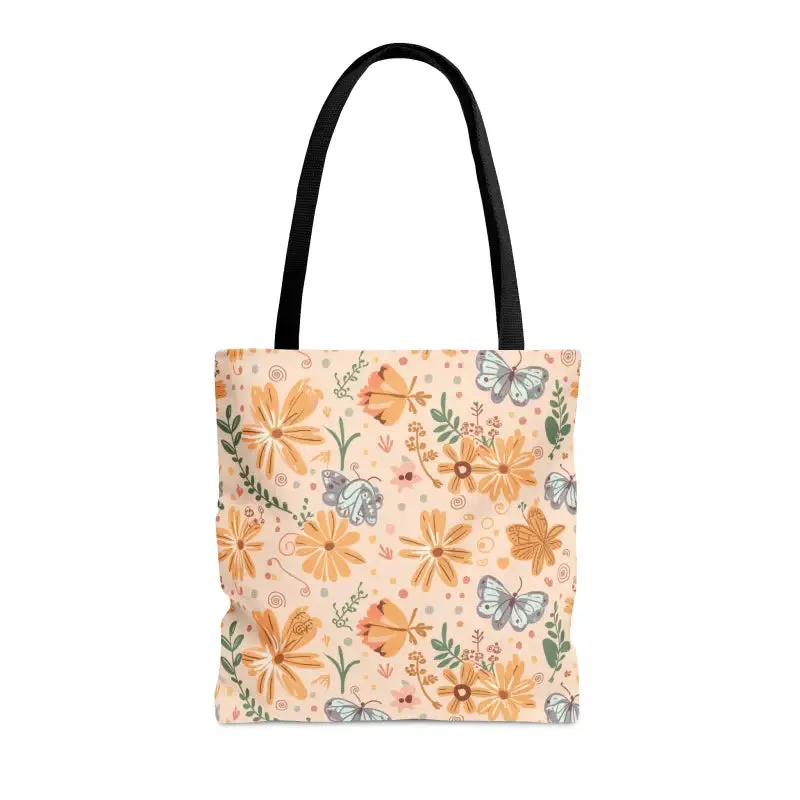 Orange Butterfly Floral Tote Bag with Black Handles