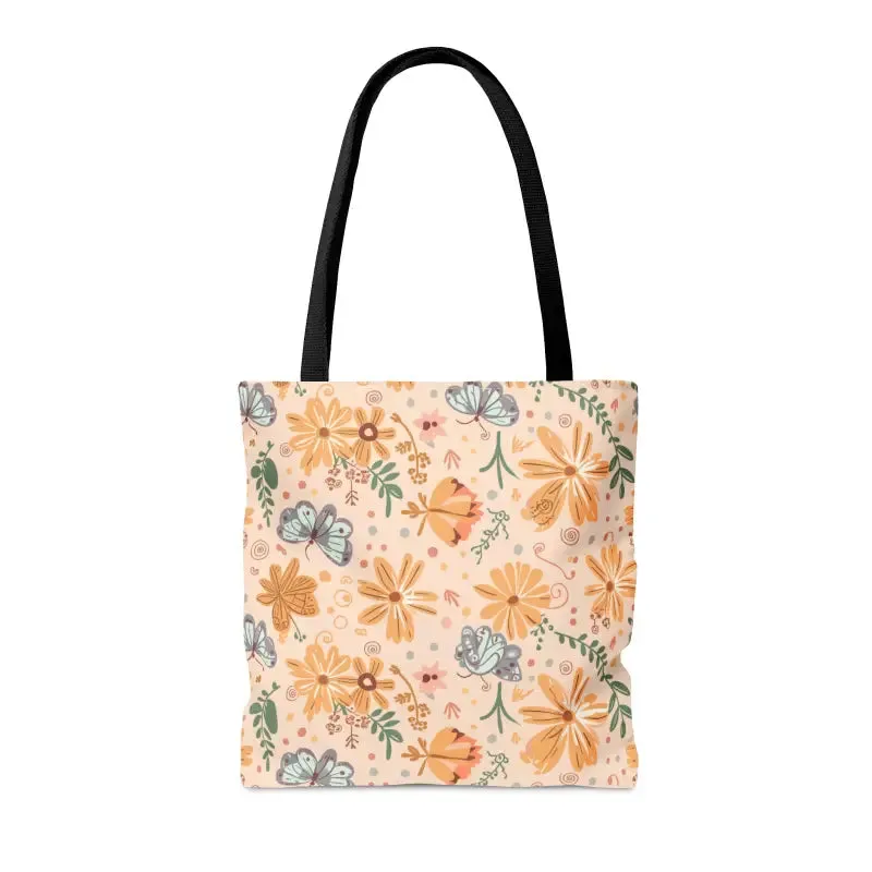 Orange Butterfly Floral Tote Bag with Black Handles
