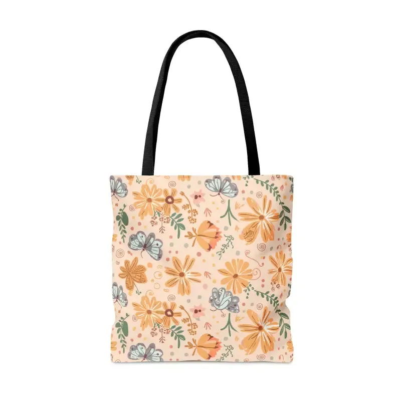 Orange Butterfly Floral Tote Bag with Black Handles