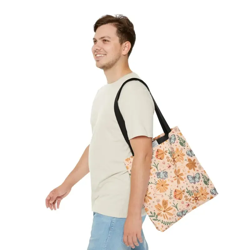 Orange Butterfly Floral Tote Bag with Black Handles