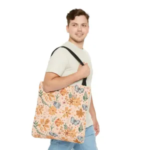 Orange Butterfly Floral Tote Bag with Black Handles