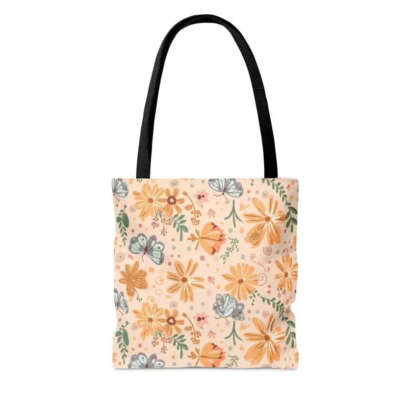 Orange Butterfly Floral Tote Bag with Black Handles