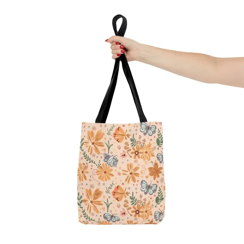 Orange Butterfly Floral Tote Bag with Black Handles
