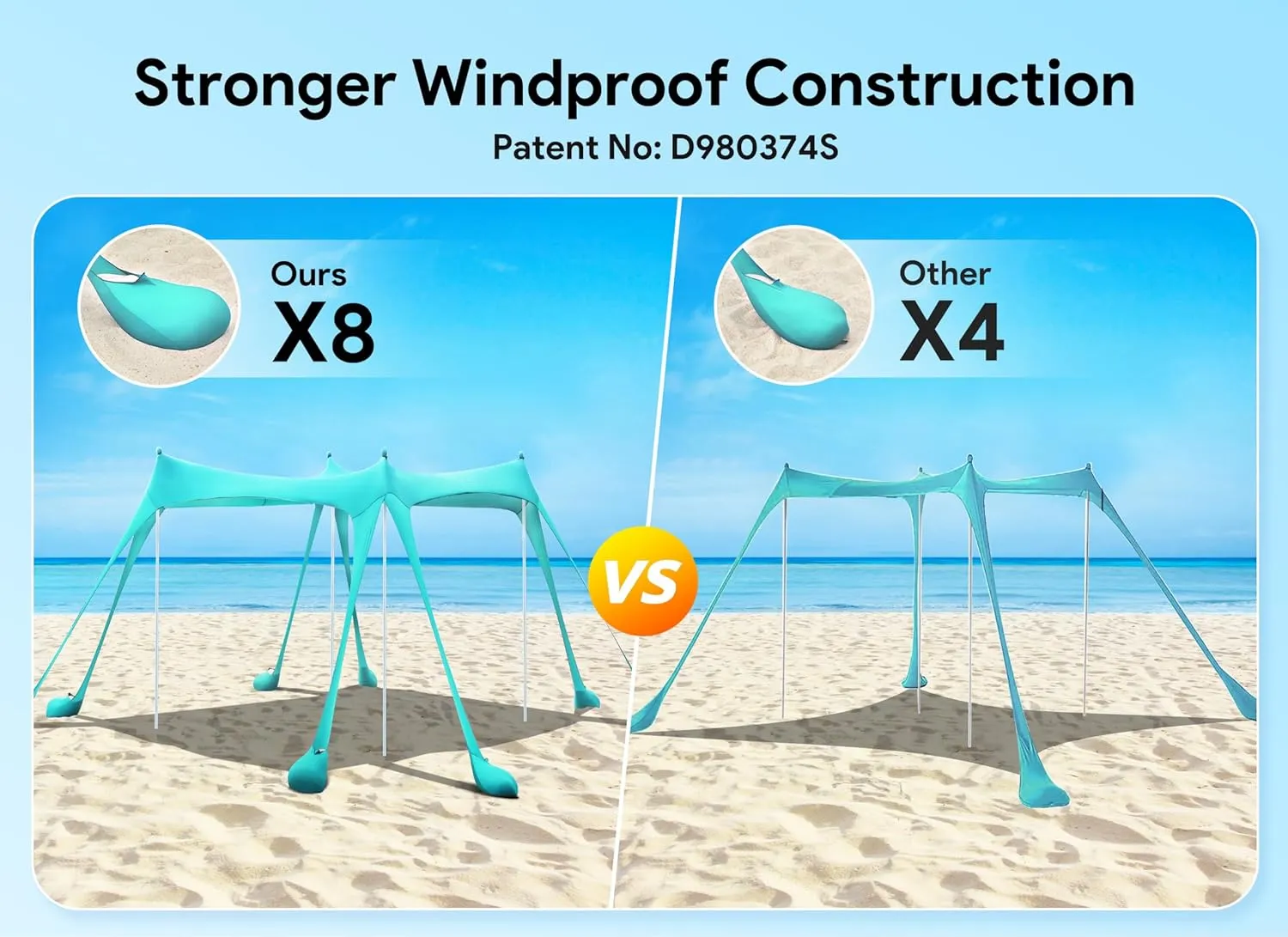 Osoeri Beach Tent, Camping Sun Shelter UPF50  with 8 Sandbags, Sand Shovels, Ground Pegs & Stability Poles, Outdoor Shade Beach Canopy for Camping Trips, Fishing, Backyard Fun or Picnics
