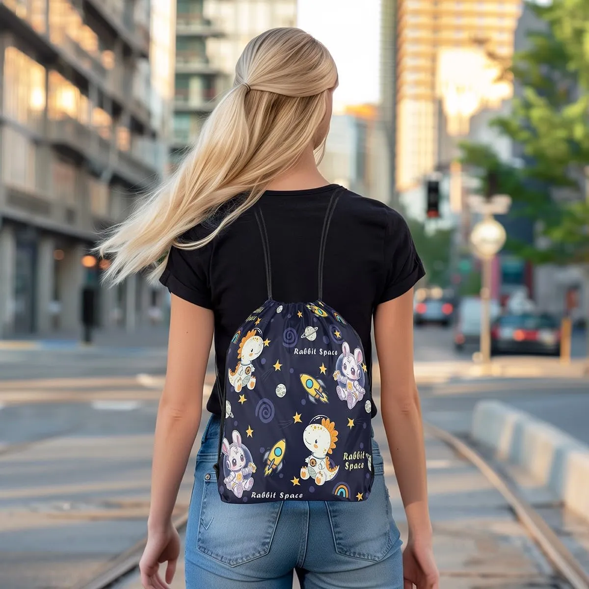 Outerspace Dinosaur Drawstring Backpack 13"x16" Cartoon Rabbit Animal Astronaut Water Resistant Gym Sack for Men Women Rocket Planets Cute Stars Sports Sackpack for Trip Travel