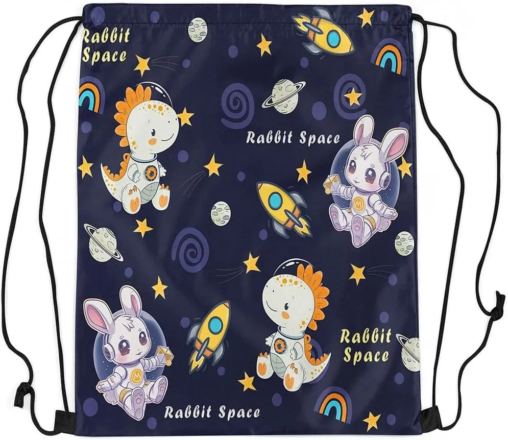 Outerspace Dinosaur Drawstring Backpack 13"x16" Cartoon Rabbit Animal Astronaut Water Resistant Gym Sack for Men Women Rocket Planets Cute Stars Sports Sackpack for Trip Travel