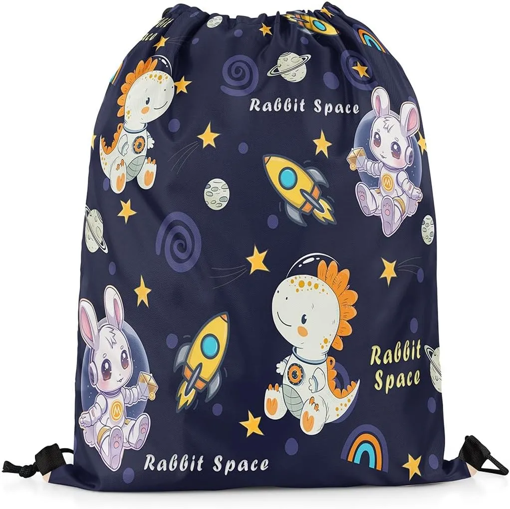 Outerspace Dinosaur Drawstring Backpack 13"x16" Cartoon Rabbit Animal Astronaut Water Resistant Gym Sack for Men Women Rocket Planets Cute Stars Sports Sackpack for Trip Travel