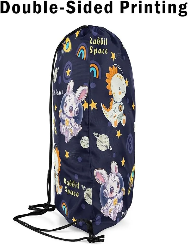 Outerspace Dinosaur Drawstring Backpack 13"x16" Cartoon Rabbit Animal Astronaut Water Resistant Gym Sack for Men Women Rocket Planets Cute Stars Sports Sackpack for Trip Travel