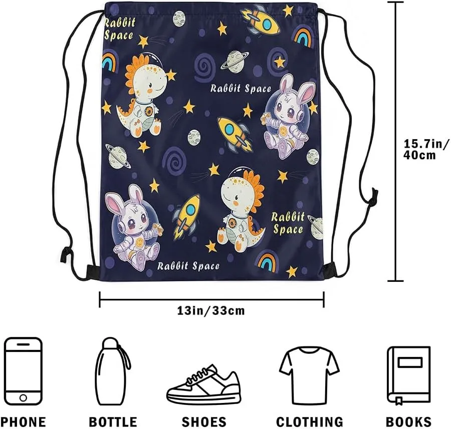 Outerspace Dinosaur Drawstring Backpack 13"x16" Cartoon Rabbit Animal Astronaut Water Resistant Gym Sack for Men Women Rocket Planets Cute Stars Sports Sackpack for Trip Travel