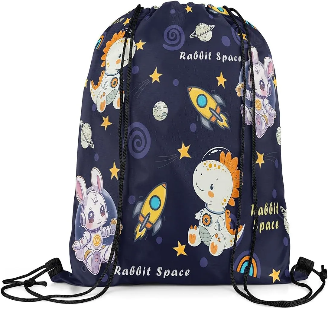 Outerspace Dinosaur Drawstring Backpack 13"x16" Cartoon Rabbit Animal Astronaut Water Resistant Gym Sack for Men Women Rocket Planets Cute Stars Sports Sackpack for Trip Travel