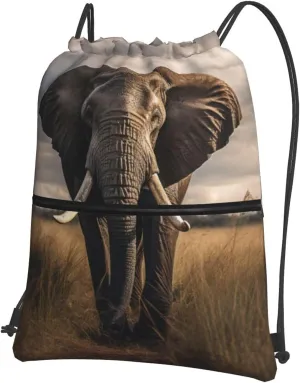 Overcast Elephant Backpack Bag Draw String Sport Bag Beach Travel Sackpack with Zipper Pocket Lightweight, Black