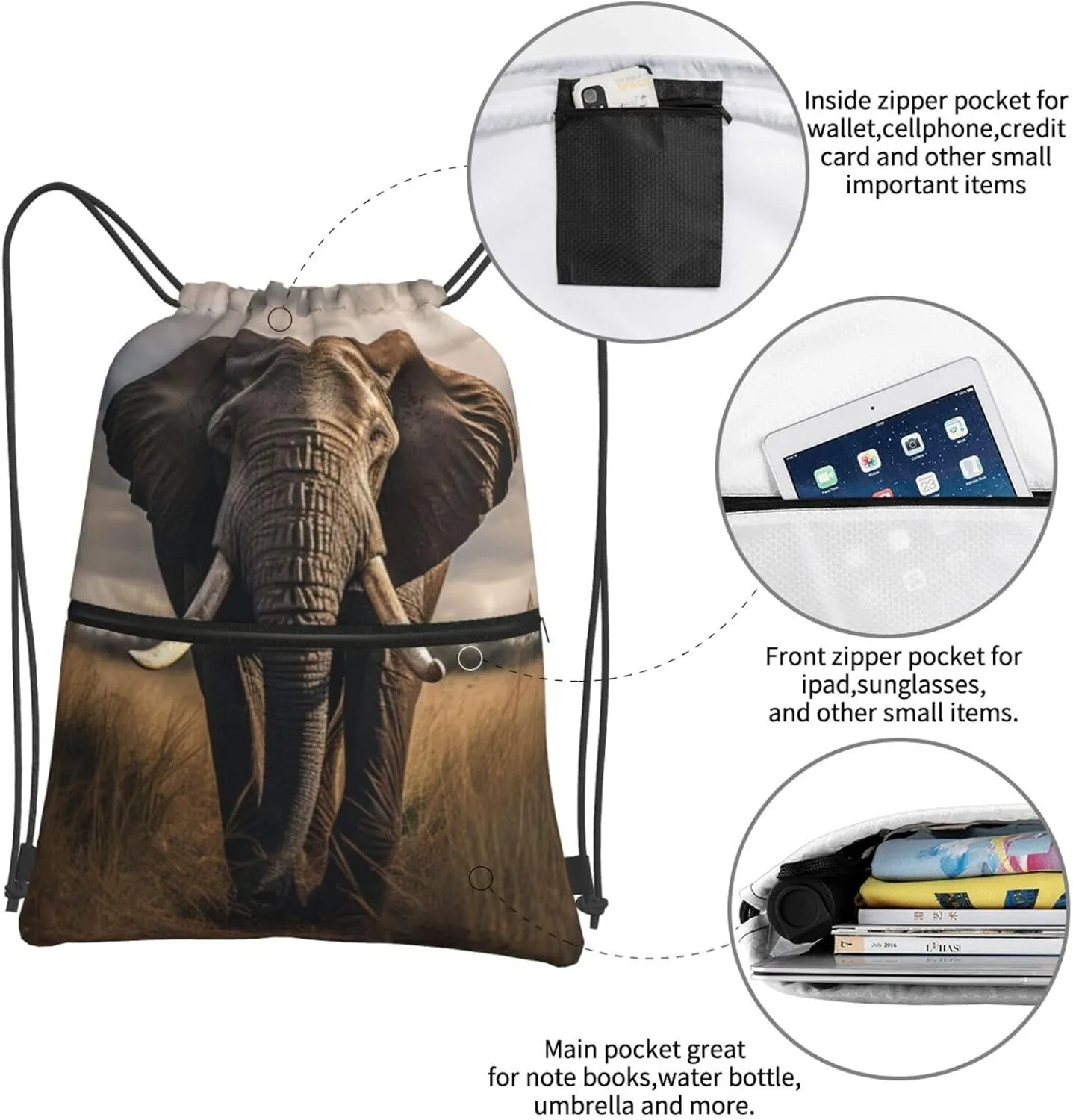 Overcast Elephant Backpack Bag Draw String Sport Bag Beach Travel Sackpack with Zipper Pocket Lightweight, Black
