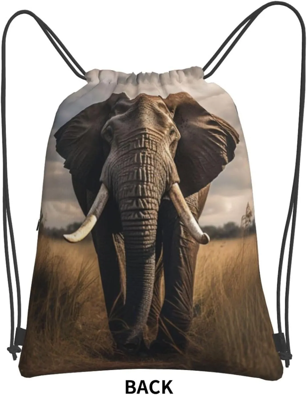 Overcast Elephant Backpack Bag Draw String Sport Bag Beach Travel Sackpack with Zipper Pocket Lightweight, Black