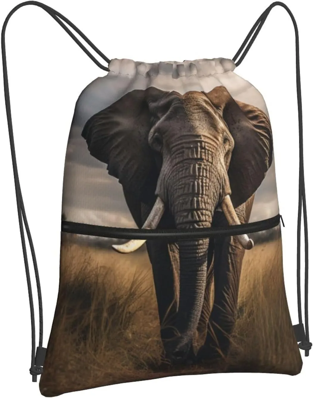 Overcast Elephant Backpack Bag Draw String Sport Bag Beach Travel Sackpack with Zipper Pocket Lightweight, Black