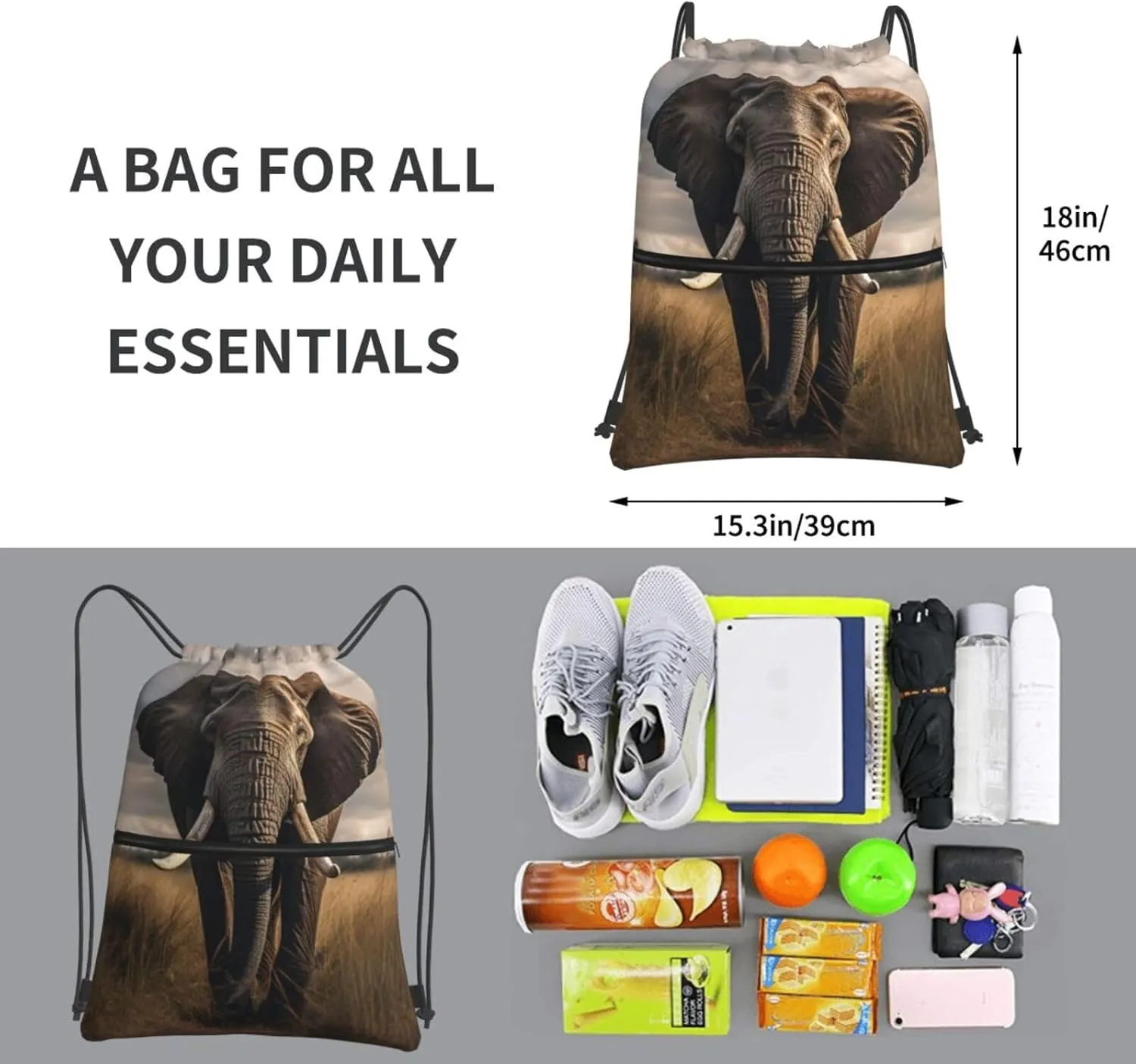 Overcast Elephant Backpack Bag Draw String Sport Bag Beach Travel Sackpack with Zipper Pocket Lightweight, Black