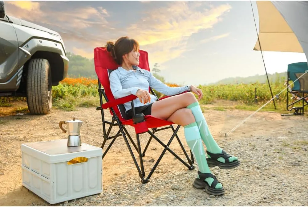 Oversized Camping Folding Chair - Heavy Duty 250 LBS Steel Frame, Collapsible Padded Arm Chair with Cup Holder, Portable Outdoor Chair for Camping, Beach, Patio (Red)