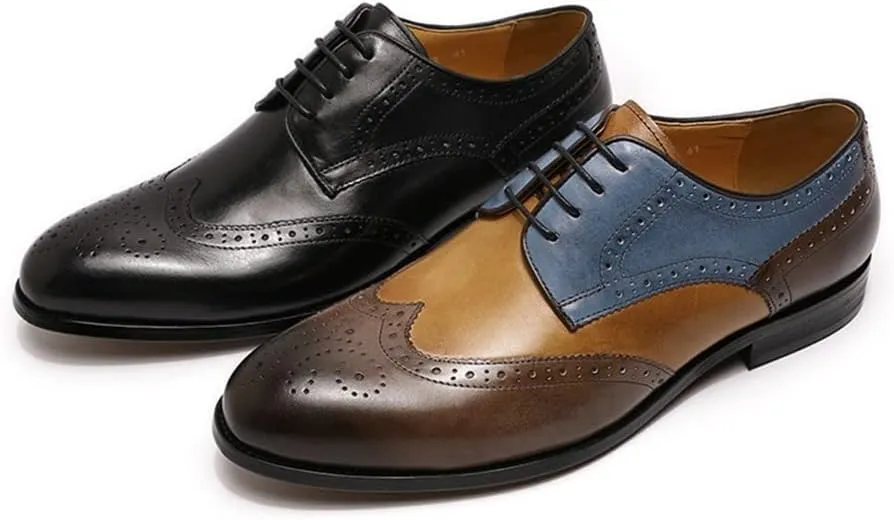 Oxford Dress Shoes for Men Lace Up Derby Shoes Brogue Embossed Wing-tip Round Toe Cowhide Rubber Sole Slip Resistant Low Top Non Slip Anti-Slip Suitable for Many Occasions.